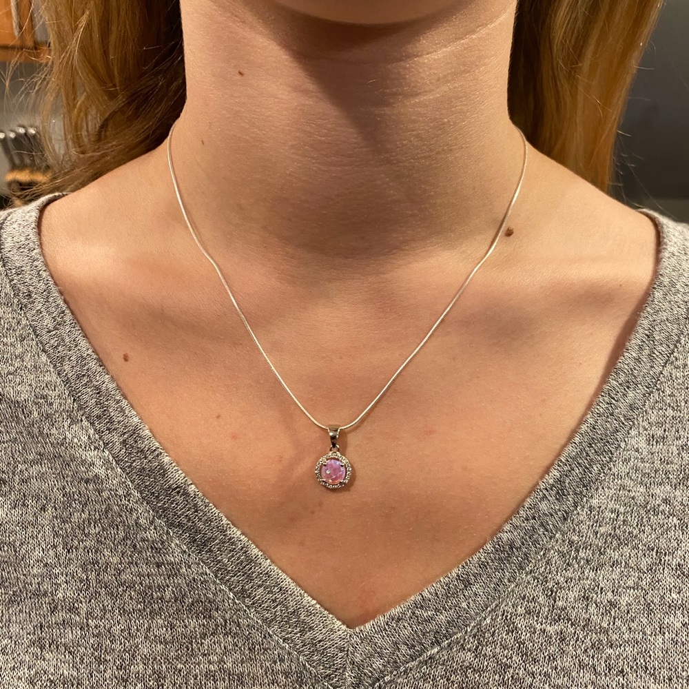Sterling Silver Halo Pink Fire Opal Cz Set - Picture 16 of 17